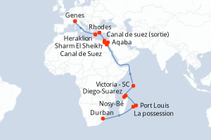 carte itinéraire croisière Méditerranée 26 jours au départ du port de Durban