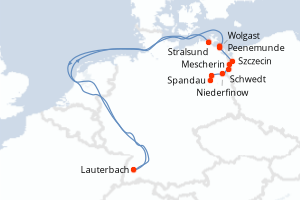 Carte de l'itinéraire de croisière Stralsund-Spandau d'une durée de 6 jours