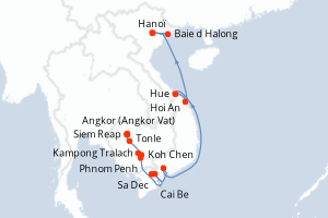 Carte de l'itinéraire de croisière Siem Reap-Hanoï d'une durée de 17 jours