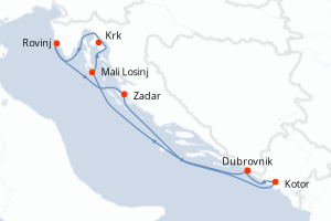 Carte de l'itinéraire de croisière Dubrovnik-Dubrovnik d'une durée de 7 jours