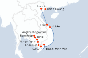 Carte de l'itinéraire de croisière Hanoï-Siem Reap d'une durée de 17 jours