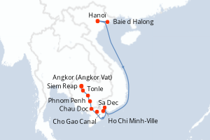 Carte de l'itinéraire de croisière Hanoï-Siem Reap d'une durée de 14 jours