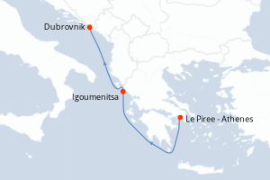 Carte de l'itinéraire de croisière Le Piree - Athenes-Dubrovnik d'une durée de 5 jours