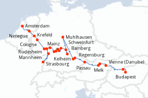 Carte de l'itinéraire de croisière Amsterdam-Budapest d'une durée de 18 jours