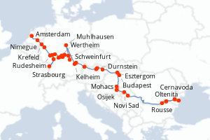 Carte de l'itinéraire de croisière Amsterdam-Oltenita d'une durée de 26 jours