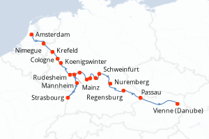 Carte de l'itinéraire de croisière Amsterdam-Vienne (Danube) d'une durée de 15 jours