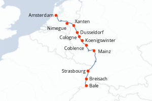 Carte de l'itinéraire de croisière Amsterdam-Bale d'une durée de 7 jours