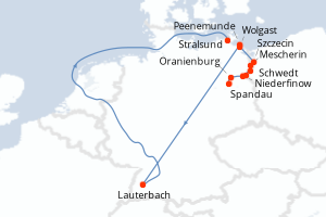 Carte de l'itinéraire de croisière Spandau-Stralsund d'une durée de 6 jours