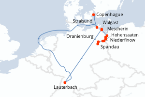 Carte de l'itinéraire de croisière Spandau-Copenhague d'une durée de 7 jours