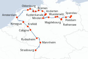 Carte de l'itinéraire de croisière Spandau-Strasbourg d'une durée de 17 jours
