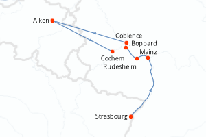Carte de l'itinéraire de croisière Strasbourg-Cochem d'une durée de 4 jours