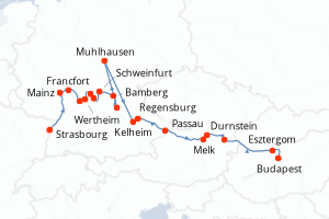 Carte itinéraire croisière Croisière De Strasbourg à Budapest, une croisière transeuropéenne (formule port/port) - 12 jours au départ de Strasbourg - Danube