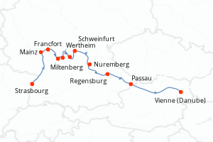 Carte de l'itinéraire de croisière Strasbourg-Vienne (Danube) d'une durée de 9 jours