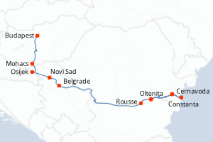 carte itinéraire croisière Danube 8 jours au départ du port de Budapest