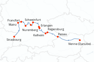 Carte de l'itinéraire de croisière Vienne (Danube)-Strasbourg d'une durée de 9 jours