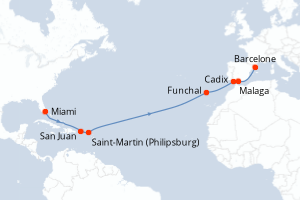 carte itinéraire croisière Transatlantique 16 jours au départ du port de Miami
