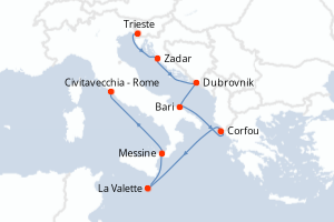 Carte de l'itinéraire de croisière Trieste-Civitavecchia - Rome d'une durée de 8 jours
