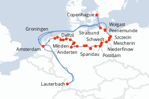 Carte de l'itinéraire de croisière Copenhague-Amsterdam d'une durée de 18 jours