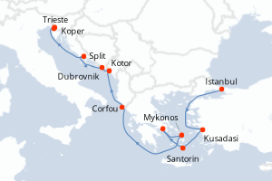 Carte de l'itinéraire de croisière Istanbul-Trieste d'une durée de 11 jours
