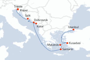 Carte de l'itinéraire de croisière Trieste-Istanbul d'une durée de 9 jours