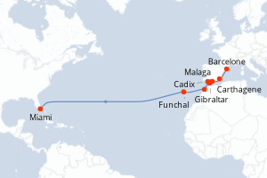 carte itinéraire croisière Transatlantique 15 jours au départ du port de Barcelone