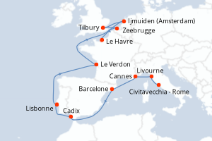 carte itinéraire croisière Europe du Nord 13 jours au départ du port de Civitavecchia - Rome