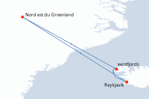 Carte de l'itinéraire de croisière Reykjavik-Reykjavik d'une durée de 13 jours