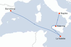 Carte de l'itinéraire de croisière Naples-Barcelone d'une durée de 4 jours