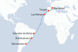 carte itinéraire croisière Transatlantique 15 jours au départ du port de Barcelone