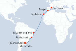 carte itinéraire croisière Transatlantique 16 jours au départ du port de Barcelone