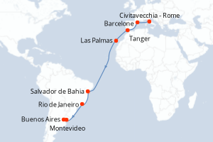 carte itinéraire croisière Transatlantique 18 jours au départ du port de Civitavecchia - Rome