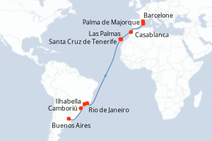 carte itinéraire croisière Transatlantique 19 jours au départ du port de Buenos Aires