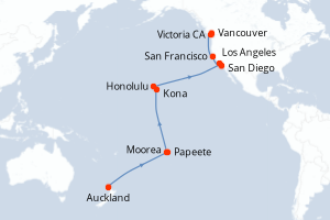 carte itinéraire croisière Alaska 26 jours au départ du port de Auckland