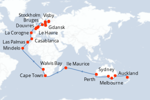 carte itinéraire croisière Europe du Nord 59 jours au départ du port de Auckland