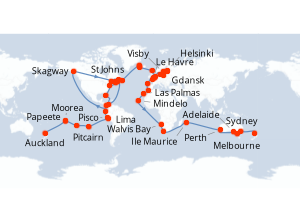 carte itinéraire croisière Australie Nouvelle Zélande 115 jours au départ du port de Auckland