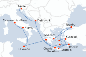 carte itinéraire croisière Adriatique 20 jours au départ du port de Trieste