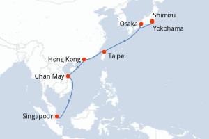 Carte de l'itinéraire de croisière Yokohama-Singapour d'une durée de 12 jours