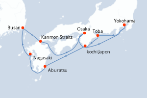carte itinéraire croisière Asie 9 jours au départ du port de Yokohama
