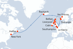 carte itinéraire croisière Transatlantique 26 jours au départ du port de Southampton