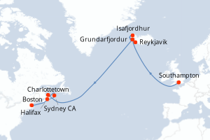 carte itinéraire croisière Transatlantique 15 jours au départ du port de Southampton