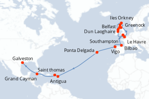 carte itinéraire croisière Transatlantique 31 jours au départ du port de Southampton