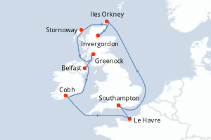 Carte de l'itinéraire de croisière Southampton-Southampton d'une durée de 12 jours