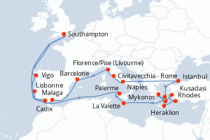 carte itinéraire croisière Europe du Nord 31 jours au départ du port de Southampton