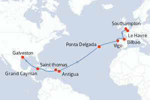 carte itinéraire croisière Transatlantique 21 jours au départ du port de Southampton