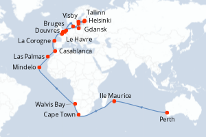 carte itinéraire croisière Europe du Nord 47 jours au départ du port de Perth