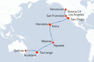 carte itinéraire croisière Alaska 31 jours au départ du port de Sydney