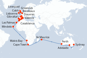 carte itinéraire croisière Europe du Nord 56 jours au départ du port de Sydney
