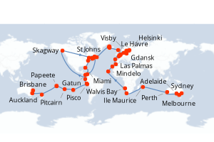 carte itinéraire croisière Australie Nouvelle Zélande 117 jours au départ du port de Sydney