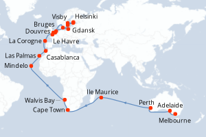 carte itinéraire croisière Europe du Nord 53 jours au départ du port de Melbourne