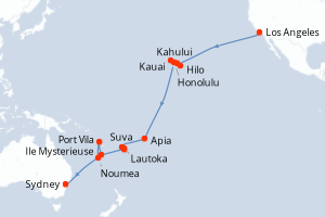 carte itinéraire croisière Australie Nouvelle Zélande 29 jours au départ du port de Los Angeles